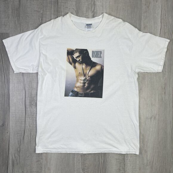 Vintage Y2K Usher Concert Tour Rap R&B T Shirt White Mens Size Large 90s J - Picture 1 of 8
